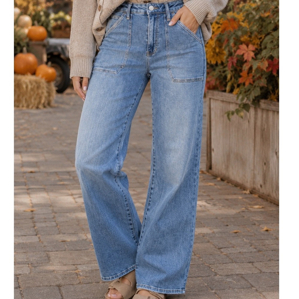 Just Black Denim Womens High Rise Utility Wide Leg Jeans Medium Wash Size 27 USA